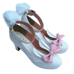 Japanese Lolita Rabbit/Cat Ears Hairball Shoes Bowknot Princess Kawaii Girl Women Shoes Cosplay Lolita High Heel Student Shoes