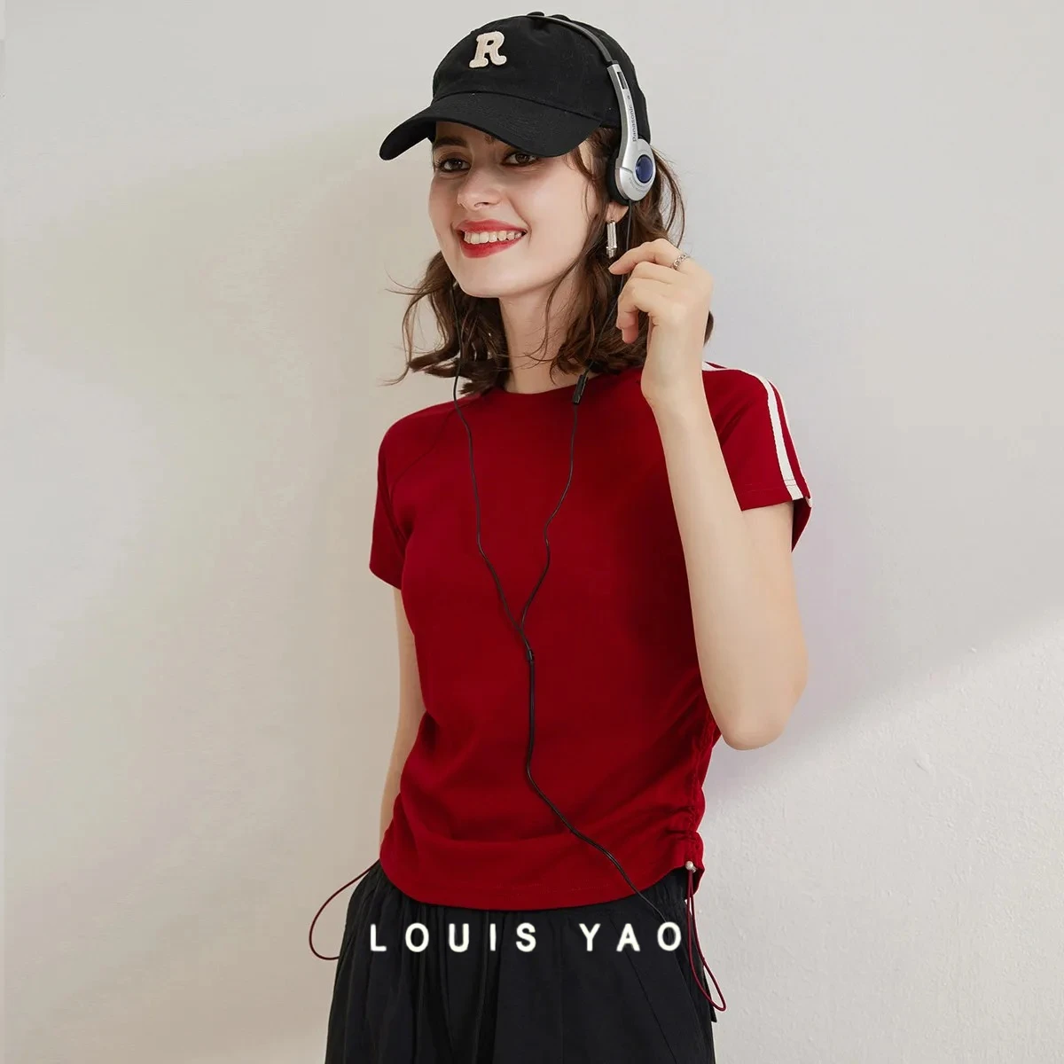 

LOUIS YAO Color Contrasting Ribbon Short Sleeve T-shirt 2025 Summer Round Neck Solid Color Waist Drawstring Women's T-shirt