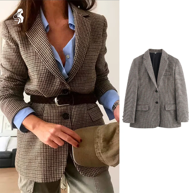 

Женский модный пиджак 2025 г., женский осенний пиджак с лацканами «гусиные лапки», осень-зима, одежда для пригородного рабочего места, женские пиджаки Trafizaran