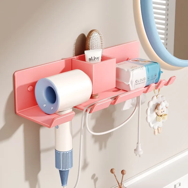 Pink 304 Stainless Steel Hair Dryer Holder Wall Mount Tissue Rack Multi-function Hook Shelf Bathroom Space Saving Storage Shelve