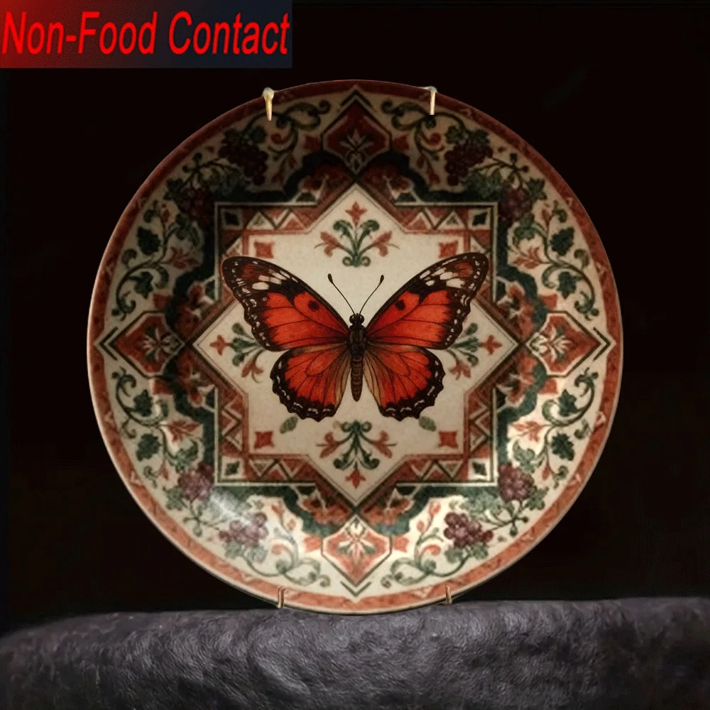 1pc Vintage-Inspired Ceramic Decorative Plate - Red & Brown Design with Green Floral Patterns, Non-Food Contact Surface,