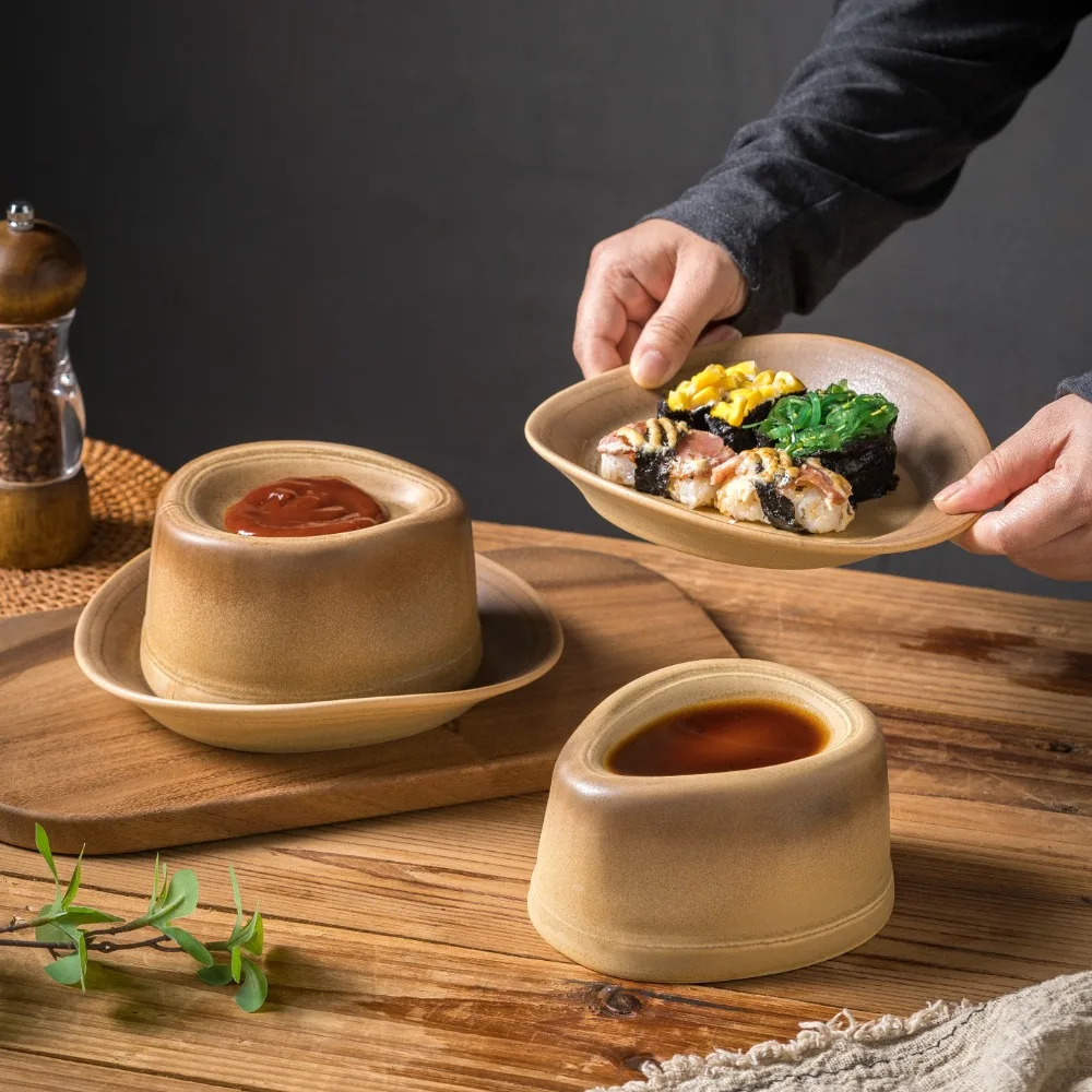 Retro Gradient Brown Felt Hat Tray with Cover Butter Box Seasoning Plate Kitchen Supplies Matte Ceramic Storage Tray Butter Box