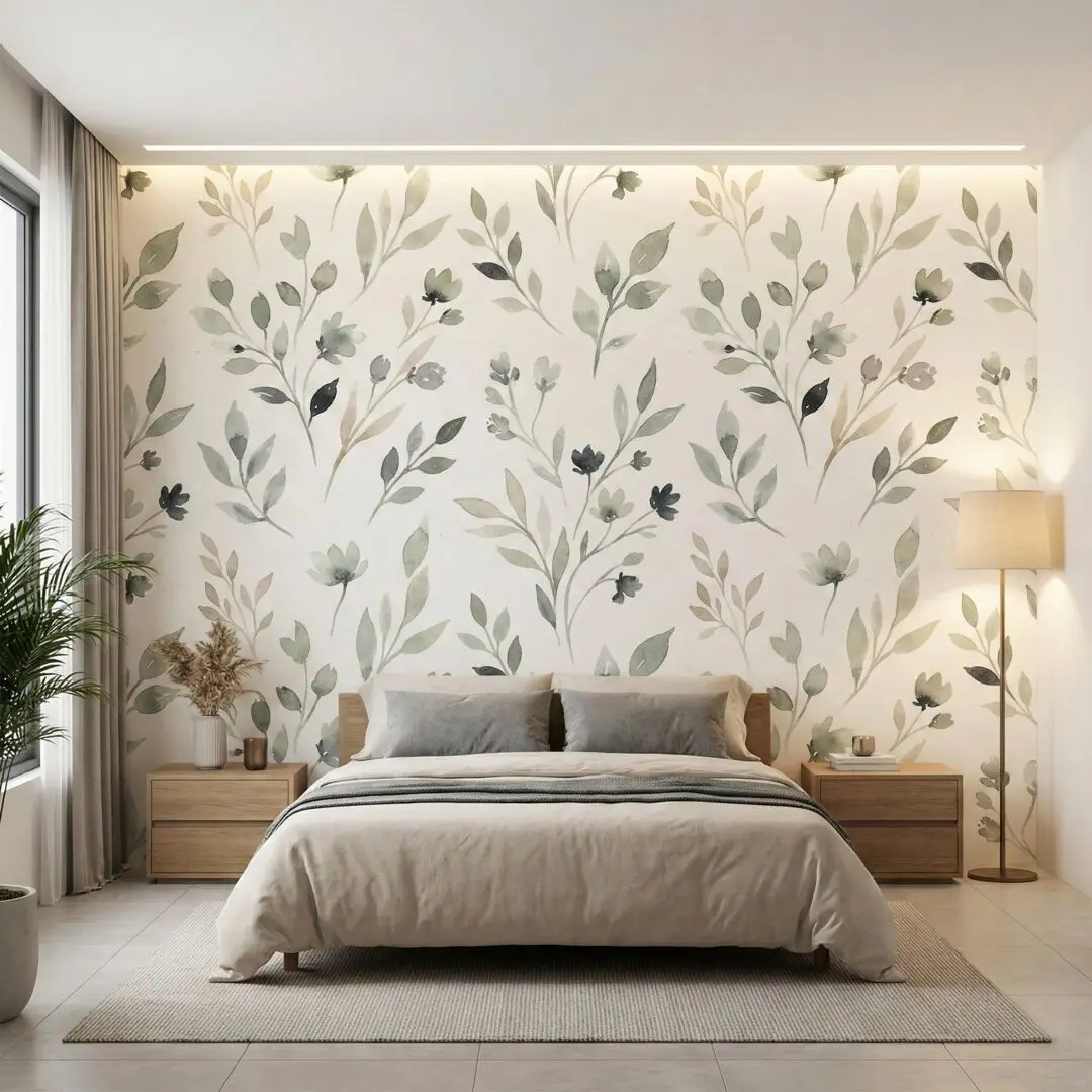 Waterproof Modern Botanical Nature Sage Green Watercolor Floral Leaf Wall Mural Wallpaper Decor for Bedroom Living Room Bed Art