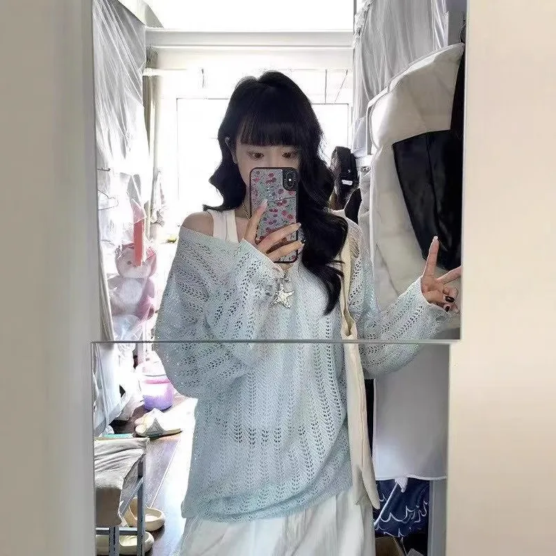 

Women's Baby blue Long Sleeve Blouse, Casual T-shirt, V-neck Tops, Woman Spring Summer Street Wear 2025