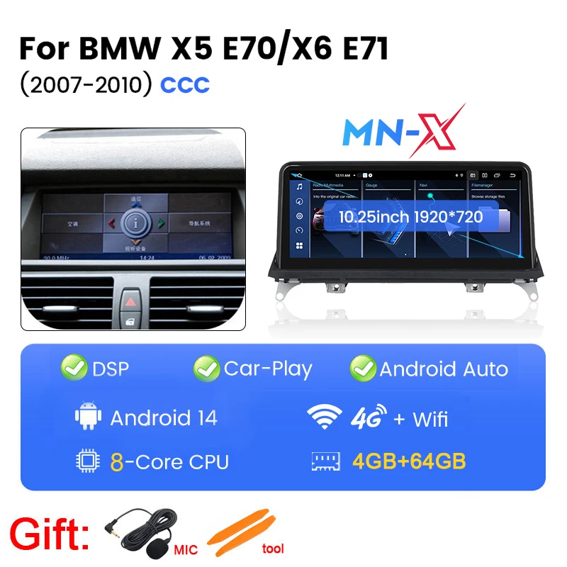 EU-Lieferung 128GB ROM Android 14 Auto-Multimedia-Video-Player für BMW X5 E70 X6 E71 2008-2012 CCC CIC-System Carplay-Navigation