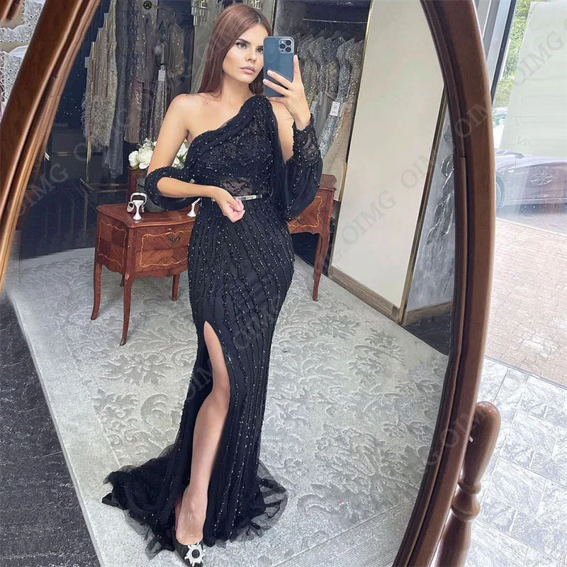 Light Green Sequined Evening Dresses For Women Luxury Dubai One Shoulder Formal Party Prom Gowns Side High Split Robe De Soiree