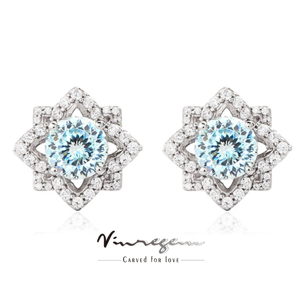 Vinregem Sparkling Flower Cut Lab Created Sapphire High Carbon Diamond Gemstone Studs Earrings 100% 925 Sterling Silver Jewelry