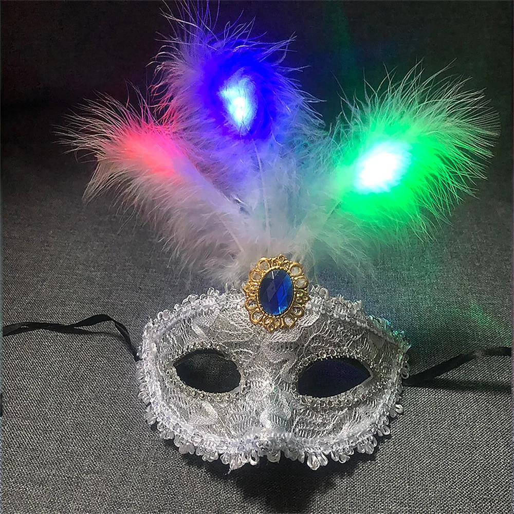 Venetian Venice Glowing Feather LED Masks Woman Fancy Dance Party Eye Mask Carnival Halloween Masquerade Cosplay Costume