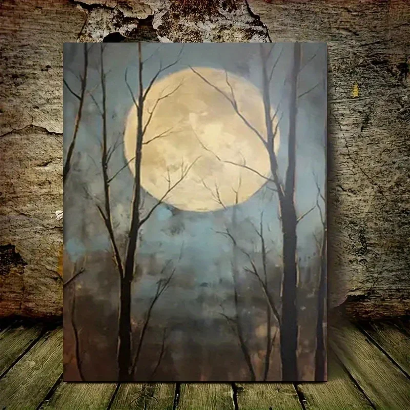 (No frame)2D Flat, 2D Flat, 1pc Canvas Art Depicting a Moonlit Forest, Featuring a Full Moon Night Scene. It Comes with a Tex