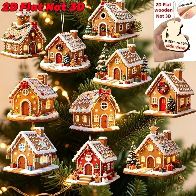 New 10pcs 2D Flat Wooden Gingerbread House Tabletop Sign Christmas Candy Cabin Desktop Winter Home Table Holiday Decor Ornament