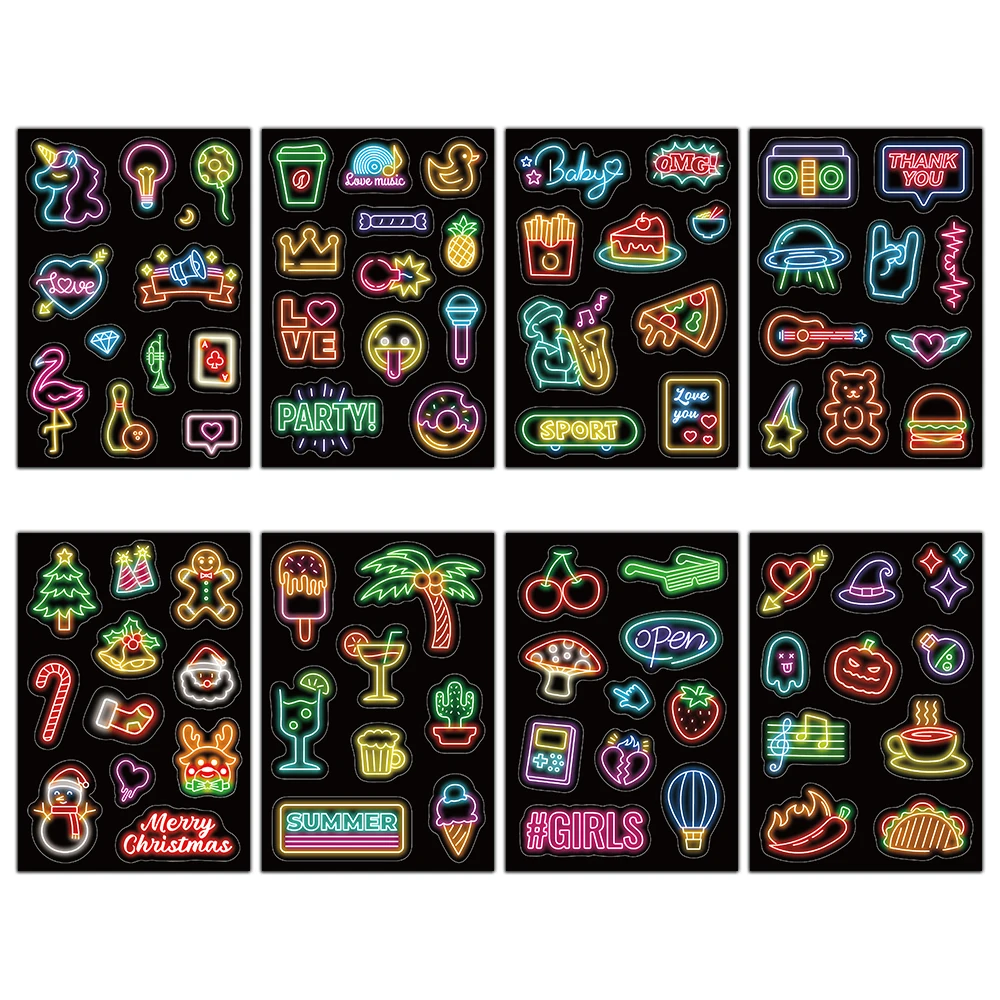 Neon Cartoon Collar Sticker, Original, Cute Handbook, Phone Case, Notebook, Desktop Decoration, Impermeável, 8pcs