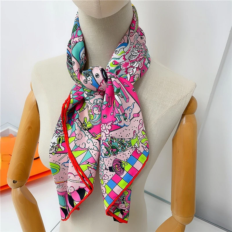 90CM Hand Rolled Twill Silk Scarf Women Hopi Print Square Scarves Wraps Echarpes Curled Foulards Femme Bandana Hijabs Shawl