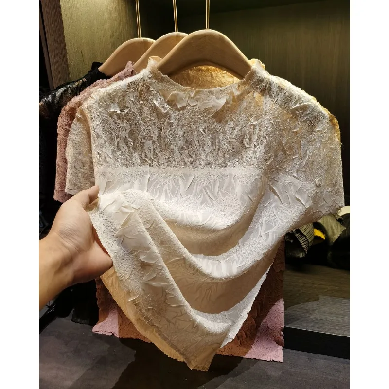 

Футболка Miyake Pleated Original с кружевными вставками и плиссировкой, однотонная, летняя, легкая, приталенная, для женщин, коллекция 2026