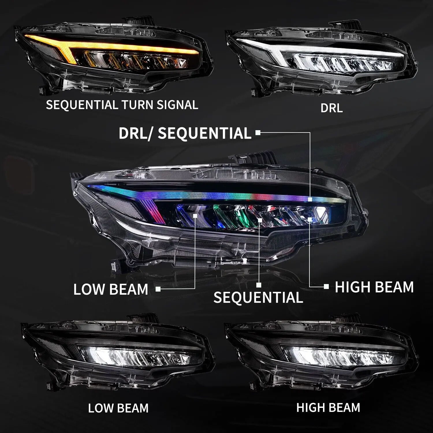 LED RGB Headlights For Honda Civic 10th Gen 2016-2022 with Sequential Turn Signal Sedan/Coupe/Hatchback EX/LX/Sport/Touring/Si/T