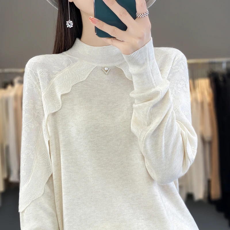 Off white sweater for women with design sense, half high neck base sweater, heavy-duty lace hook flower, autumn and winter women