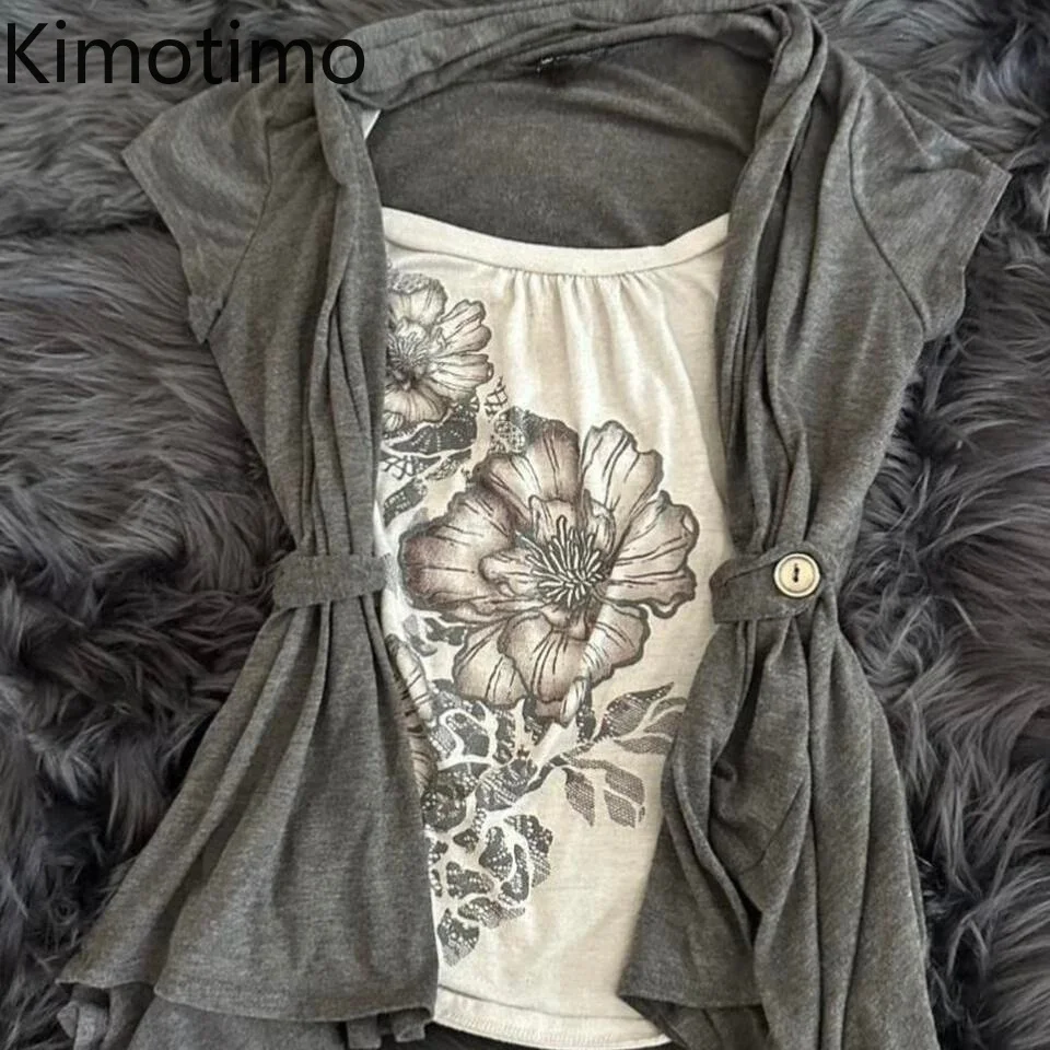 Kimotimo Y2k Retro Two Piece Set Women Harajuku Flower Print Base Tops Chic Slim Waist Lace Up Cardigan Fashion Spicy Girl Suits