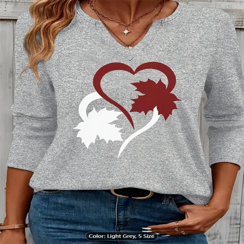

Женская серая толстовка с v-образным вырезом в форме сердца, кленового листа, графический принт, повседневный пуловер большого размера, топ для любителей осеннего стиля, чистый хлопок