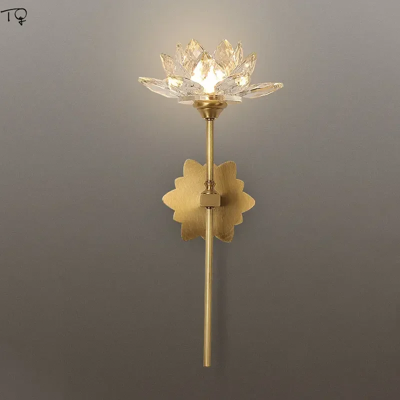 Chinese Classical Copper Crystal Lotus Flower Wall Lamp LED E14 Zen Art Decorative Wall Mounted for Living Room Bedroom Study