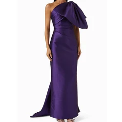 Elegant Solid Purple Color Satin Bow Evening Dress One Shoulder Straight Strapless Sweep Train Pleats Short Sleeves Floor Length