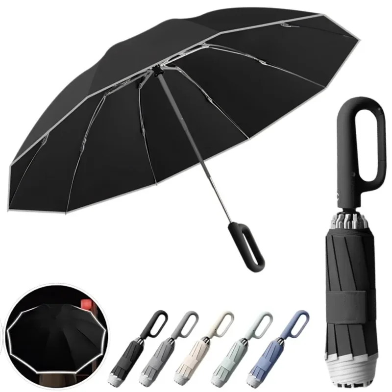 Travel Portable Rain Umbrella, Buckle Automatic Folding Reverse Umbrella, Safety Reflective Strip, Windproof Umbrella Men Women