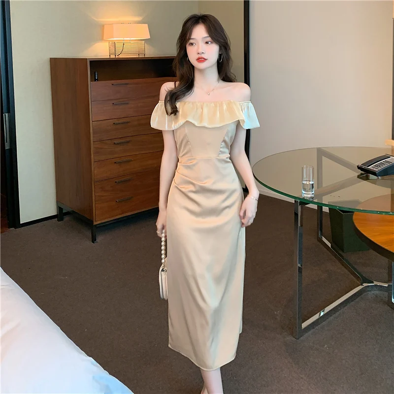 

WITANYUW Chic Elegant Runway Designer Temperament Of Women Summer Satin Ruffles Slash Neck Party Bodycon Long Dress