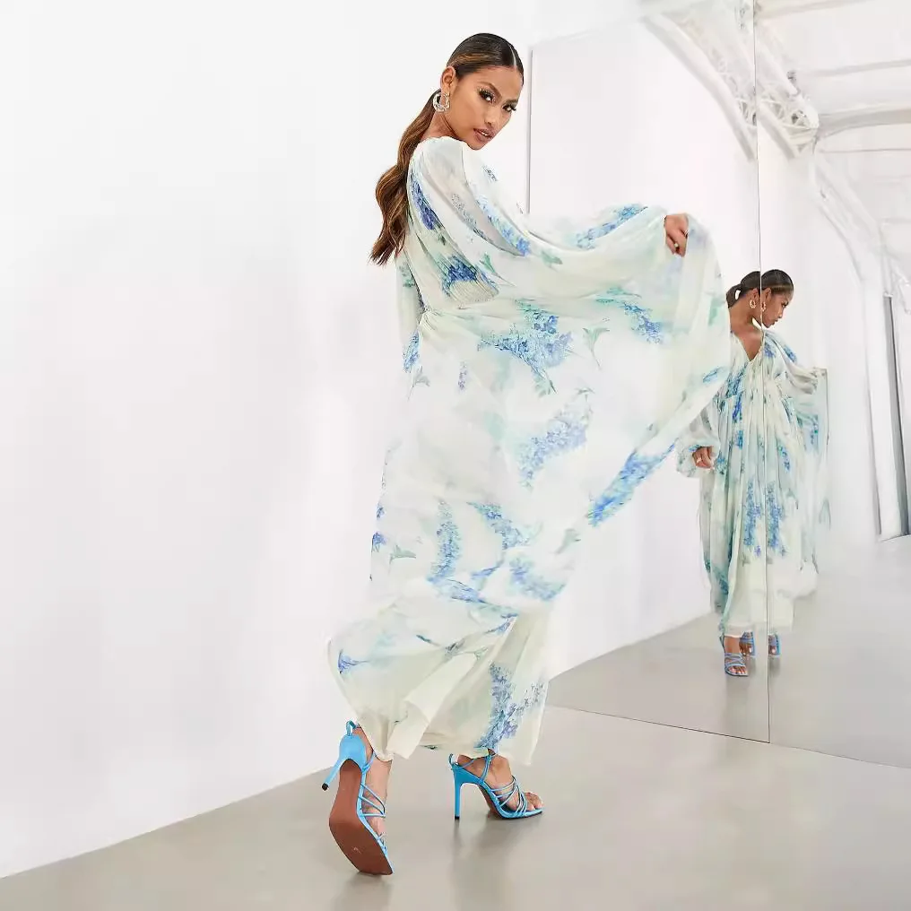 ลึก V คอผู้หญิงพิมพ์ชุดฤดูร้อนหลวม Boho ชุดลําลองแขนยาว Beach Party Dresses สําหรับผู้หญิง Robe Femme 2025