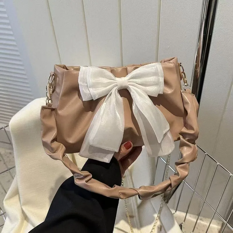 

Cute Big Bow Satin Handbag Ruffled Top Handle Bags Detachable Gold Chain Strap for Casual Dates Daily Errands Party Activities