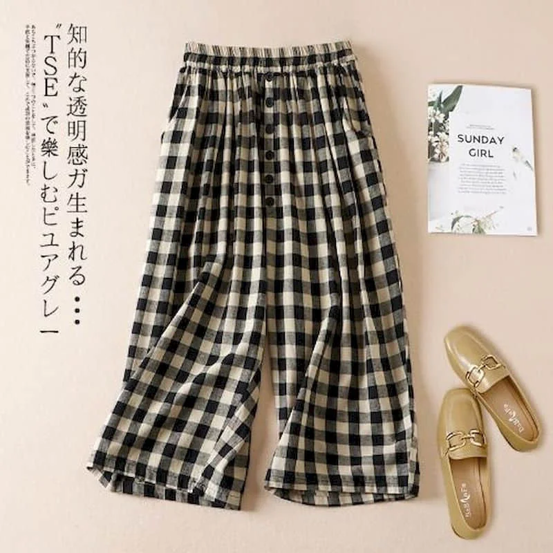 Women Straight Pants Plaid Print Elastic Waist Cropped Baggy Trousers Casual Streetwear Sweatpants Korean Style Women Clothing