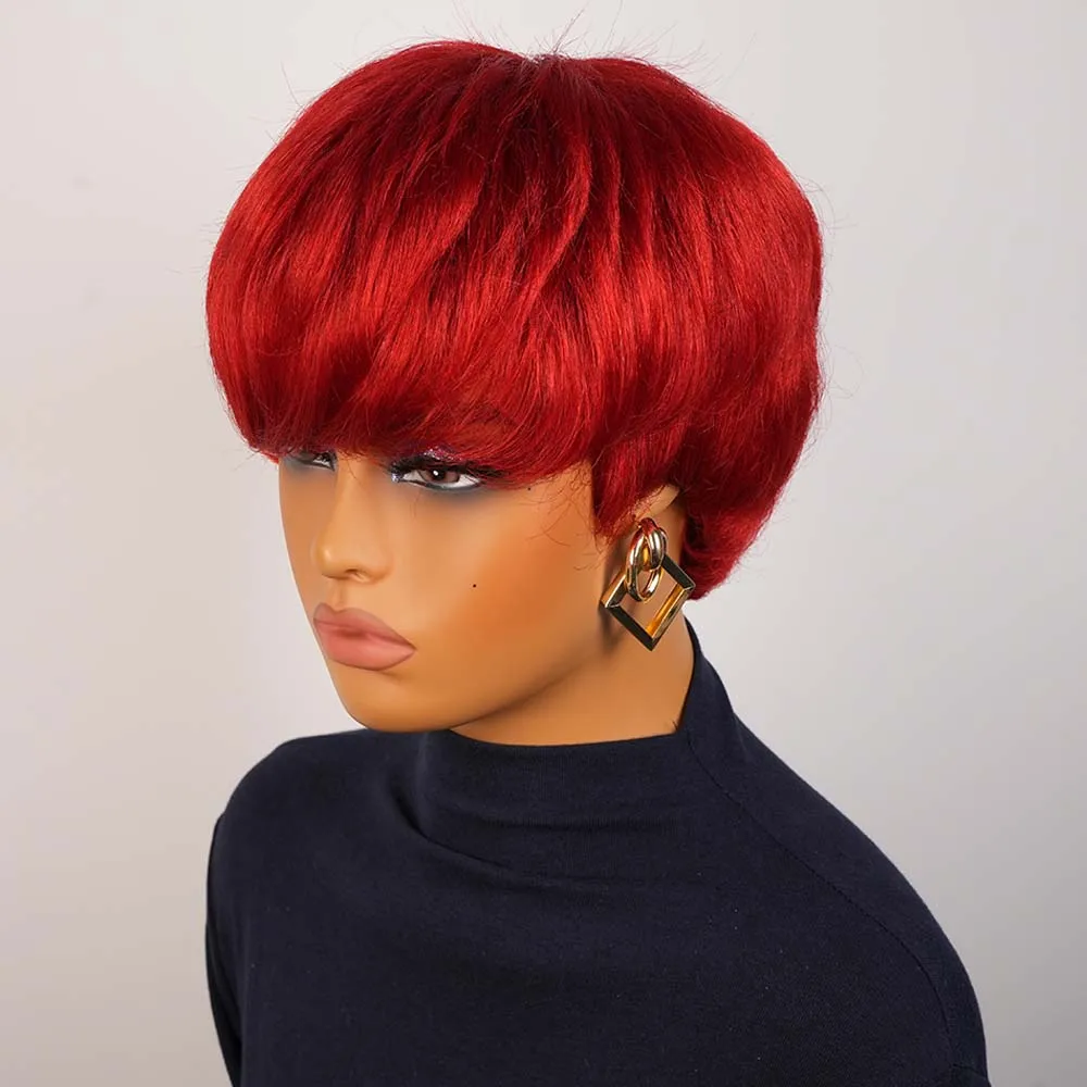 شعر مستعار أحمر قصير الطبقات بقص عابث للنساء ذوات البشرة السمراء، شعر بشري ريمي مستقيم مصنوع آليًا مع غرة للاستخدام اليومي