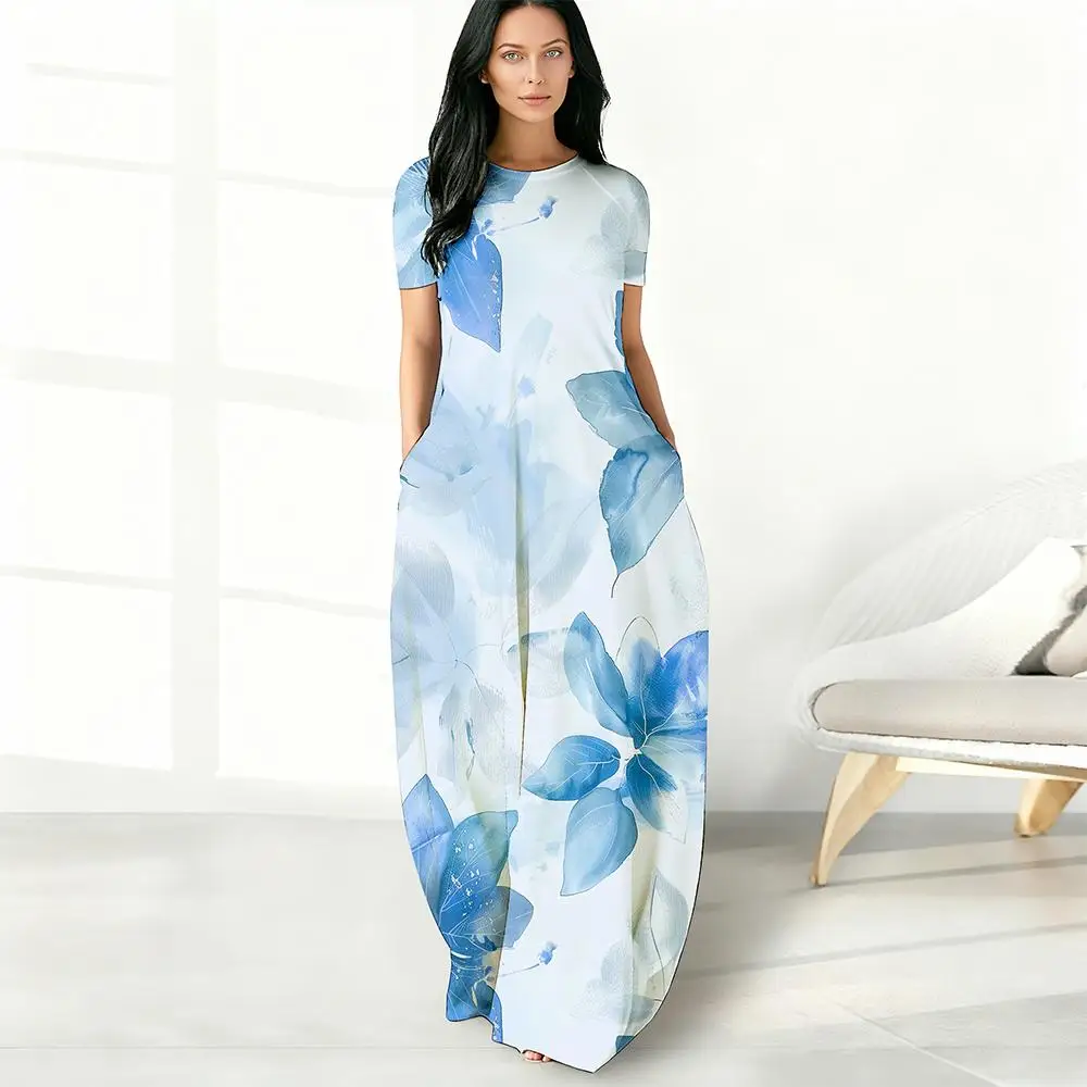 

Elegant Retro Floral Print Long Dress Summer Bohemian Style Casual Short-sleeved Beach Dress Fashionable Plus-size Vacation Wear