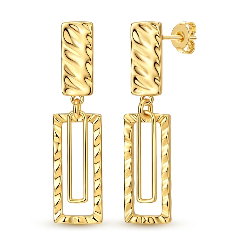 New Arrival 925 Sterling Silver Golden Rectangular-Textured Stud Earrings For Women Fine Party Jewelry Gifts
