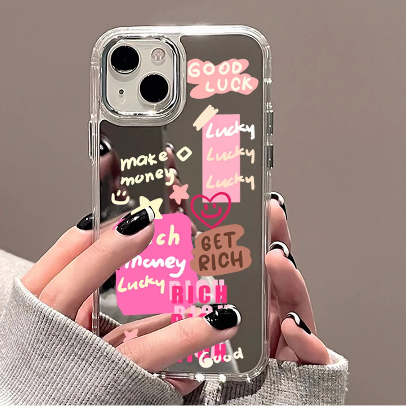 

Rich Lucky Graffiti Mirror Phone Case for iPhone 11 12 13 14 Pro Max 15 Plus 16 17 Pro Max 16E Clear Shockproof Protective Cover