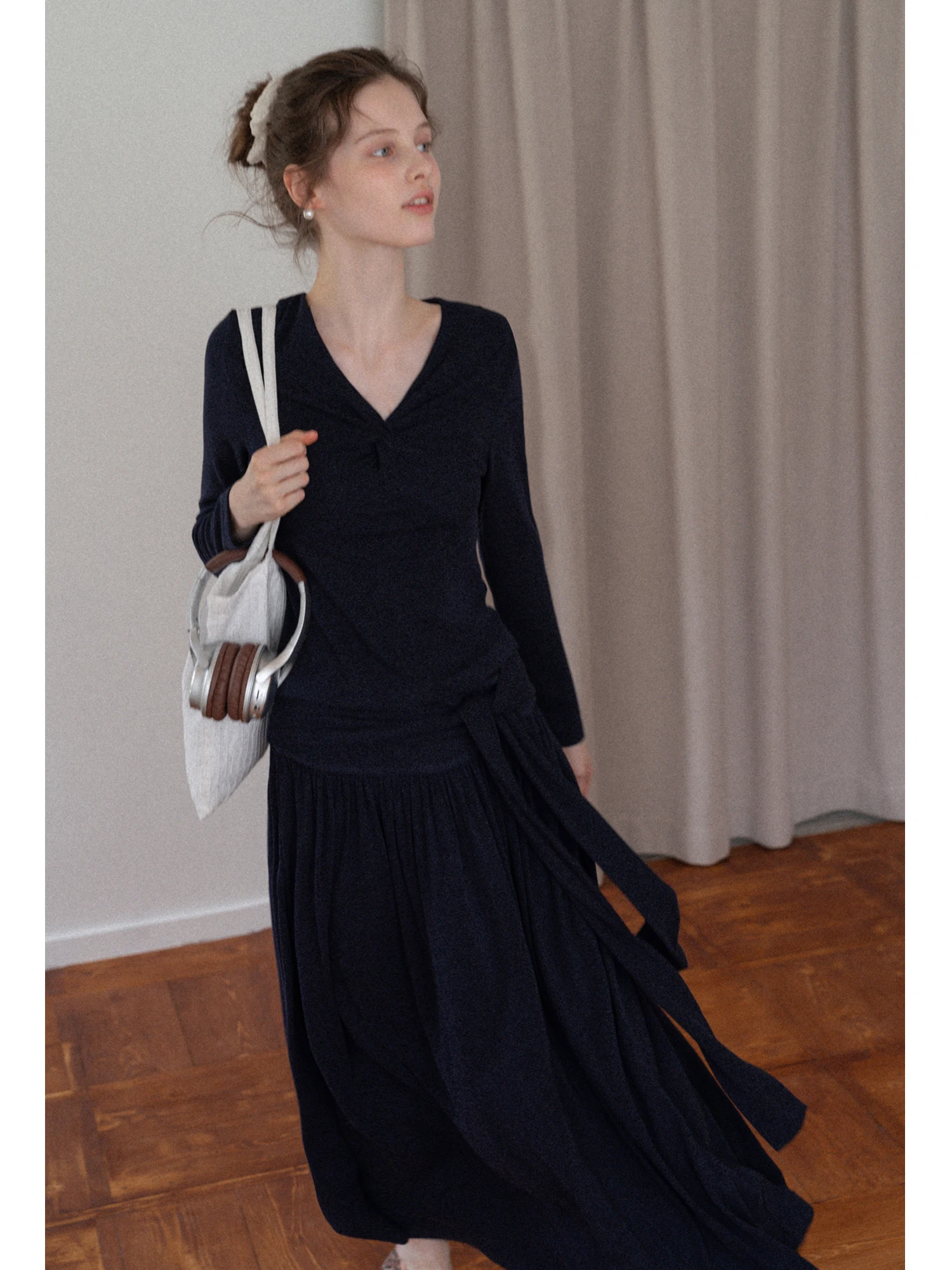 

Blue Knot Long Sleeve High Waist Belted Midi Skirt Set Elegant Slimming Two Piece Suit for Women Autumn Casual Chic Style