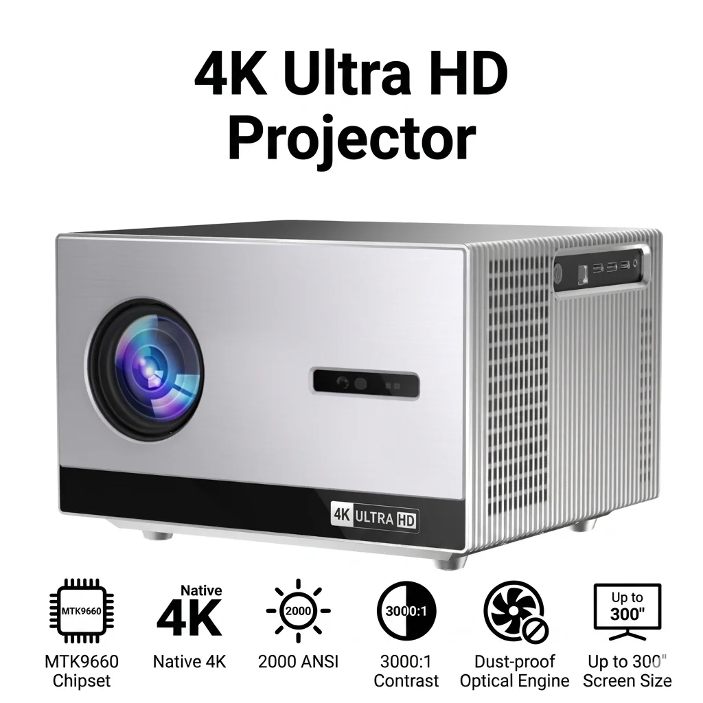 Cinelux 4K Ultra HD Projector MTK9660 Chipset 2000 ANSI Lumens Native 4K 300 Inch Enclosed Optical Engine LED PROJECTOR