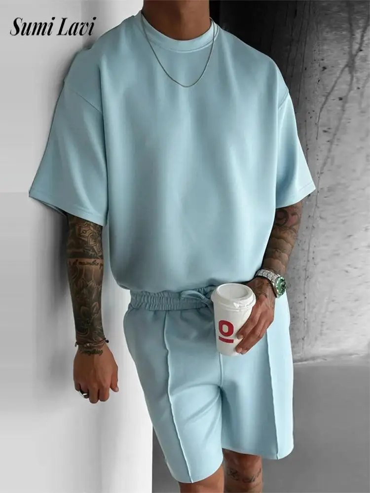 

Повседневные комплекты из двух предметов с короткими рукавами для отдыха, мужские летние модные однотонные футболки с круглым вырезом и шорты, мужская одежда, винтажные костюмы