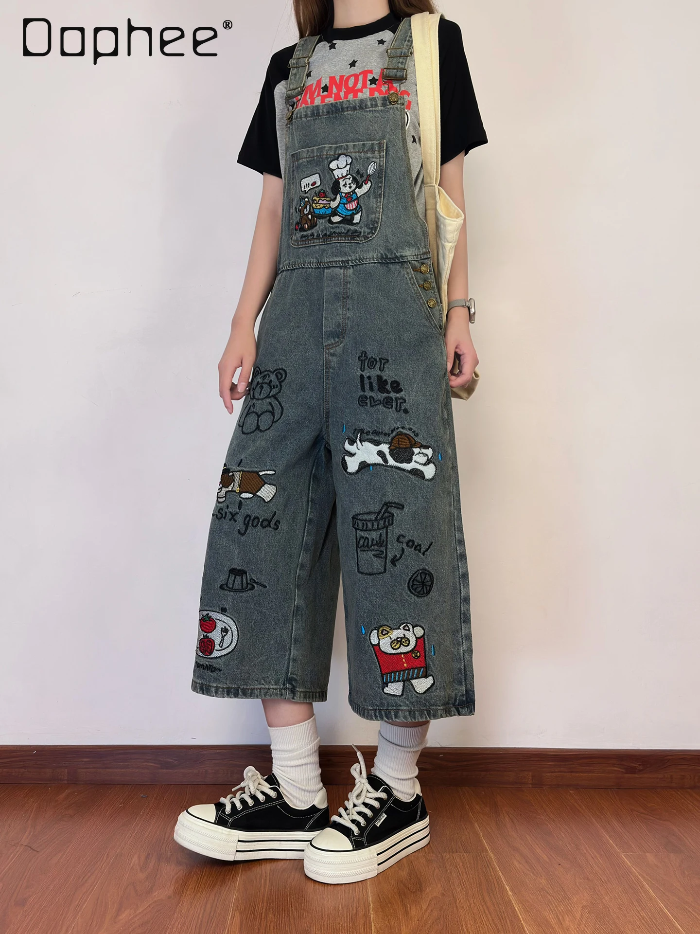 

American Retro Cartoon Embroidery Washed Denim Overalls Women's Summer New Loose and Thin Cropped Pants Tide Overalls