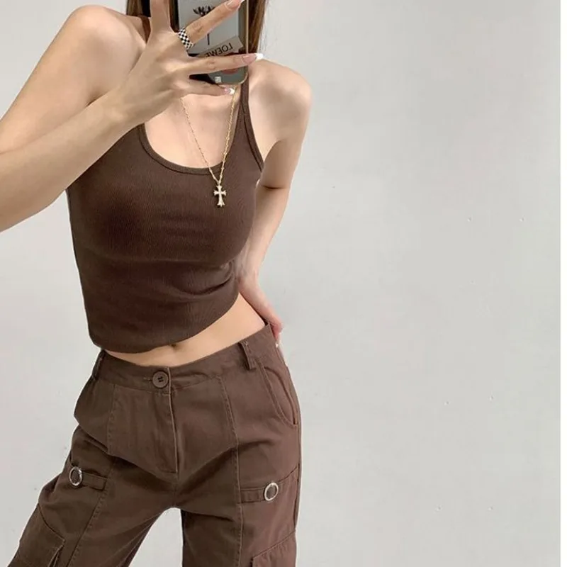 

Белые сексуальные топы на бретельках с открытой спиной для женщин, уличная одежда, 2025 г., вязаный жилет в рубчик без рукавов, укороченный топ Feminino