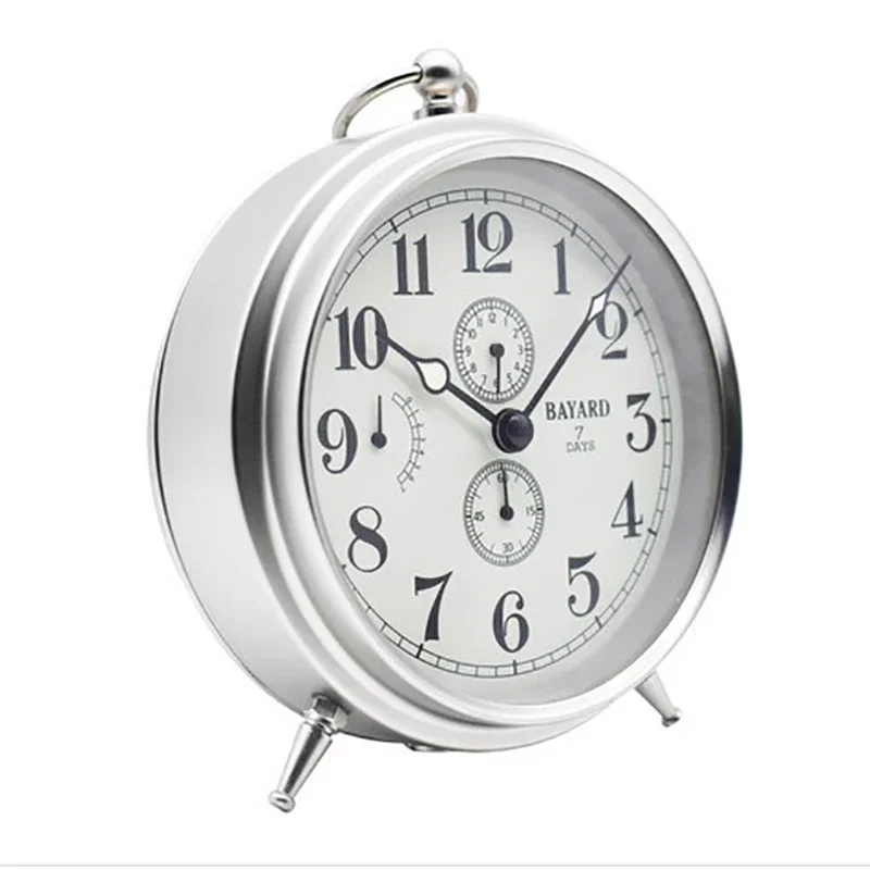 

Seven Days Mechanical Movement Alarm Clock Metal Modern Clockwork Large Volume Bedroom Desktop Table Clocks Silver Desk Decor