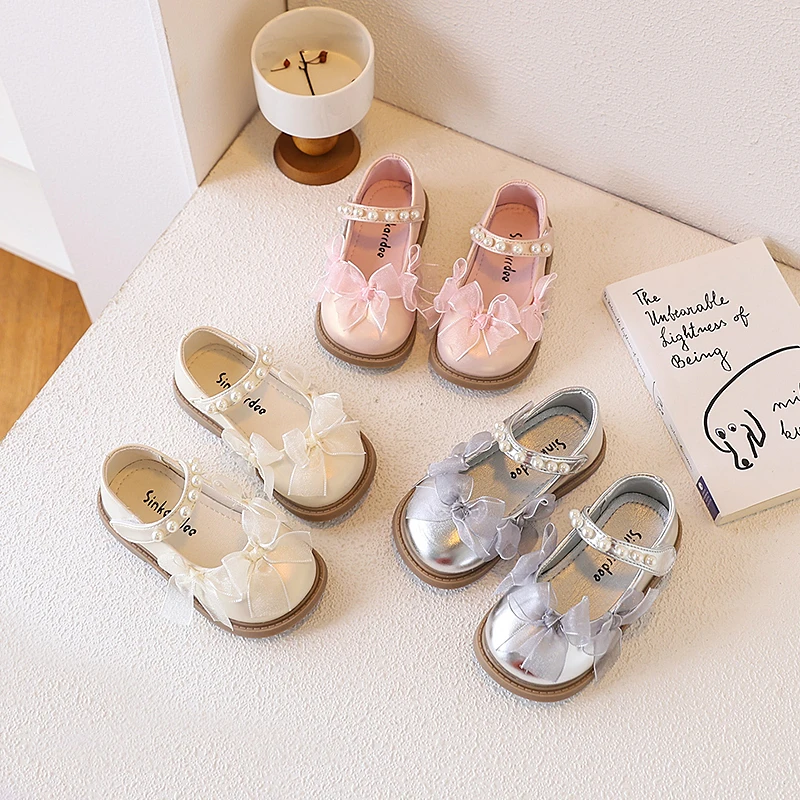 

Autumn Girl's Princess Shoes Round Toe Hook-loop Pearl Bowknot Sweet Kid's Flat Shoe Solid Colors Anti-slip Chic Children Shoe