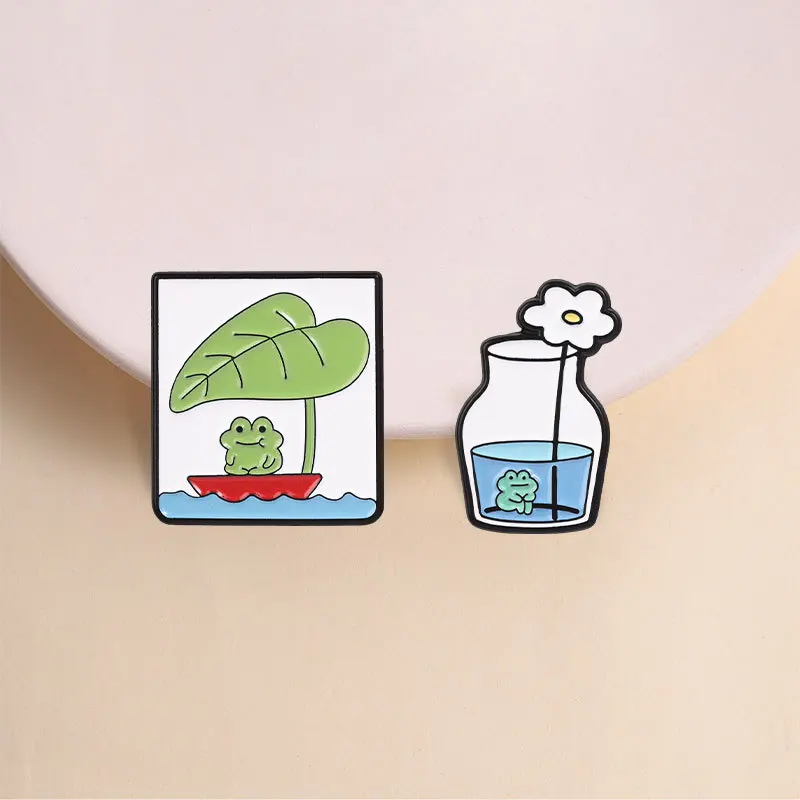 Wholesale Animal-themed Cartoon Glass Bottle Lotus Leaf Boat and Bullfrog Metal Pin Badges—small Gifts Hat Pins for Clothes Cap