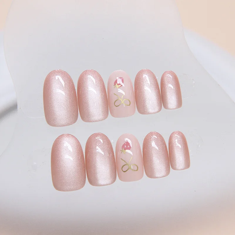Cute Bow Medium Long Nail Butterfly Nail Piece Detachable Small Oval Strawberry Nail image 2