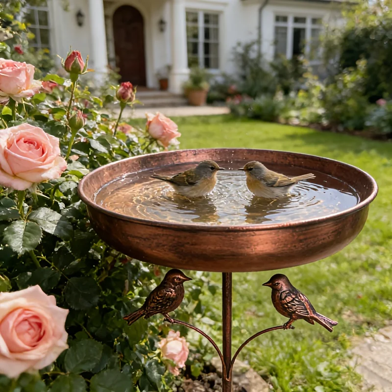 Combinación de comedero y bebedero para pájaros de estilo vintage, protección contra la oxidación para exteriores, con 5 clavos para fijar al suelo, diseño metálico fácil de limpiar.