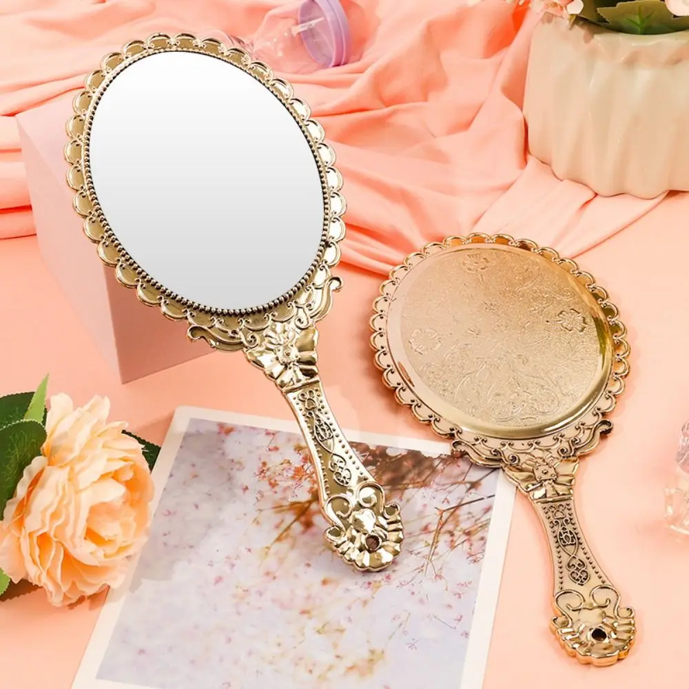 Vintage Pattern Handle Carved Small Mirror Easy To Carry Handheld Mirror Antique Style Desktop Electroplated Mirror