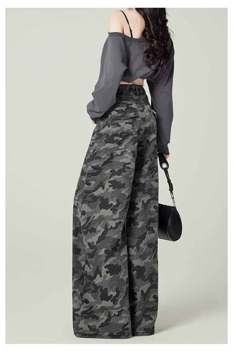 Y2K Übergröße Damen Graue Camouflage Cargo Jeans 2026 Frühling Herbst Hochgeschnittene Weite Hose Streetwear – Detail 12