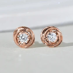 Huitan Simple Elegant Stud Earrings Female Versatile Daily Jewelry for Teens Rose Gold Color Bright Round Zirconia Accessories