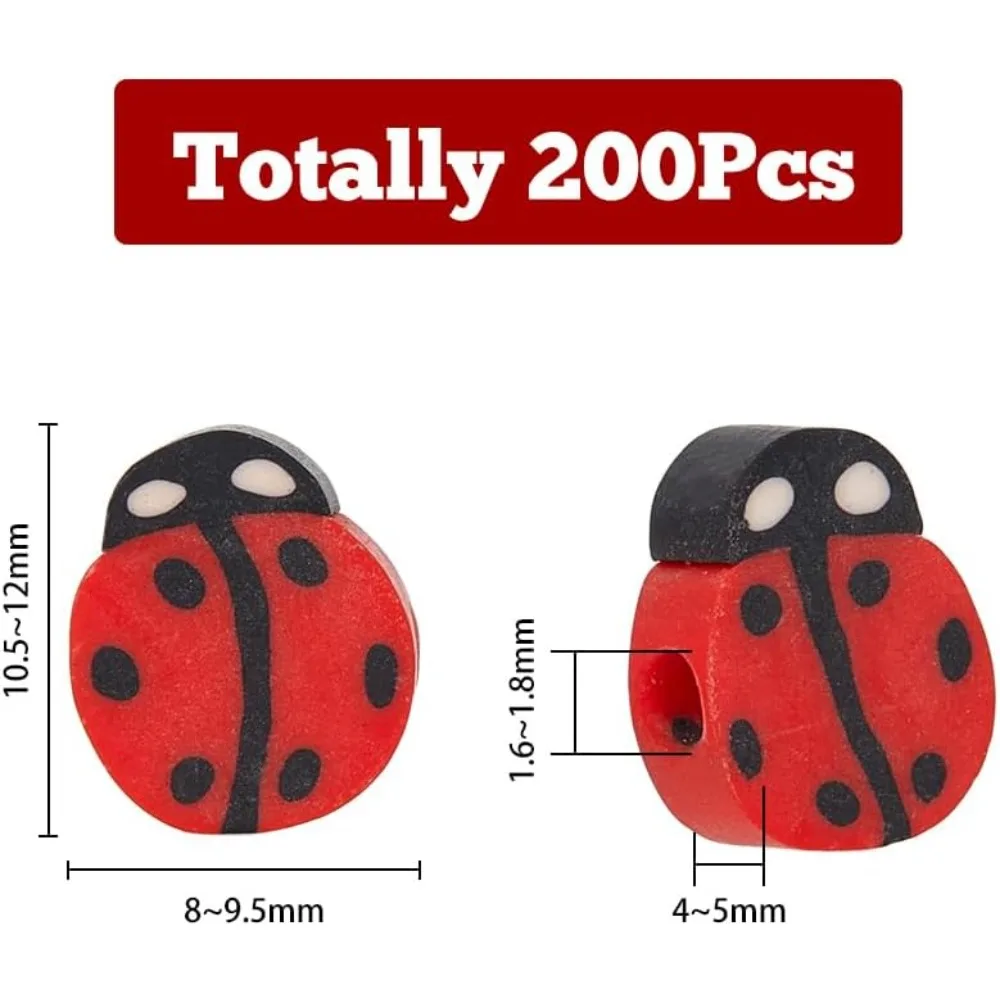 200Pcs Handmade Polymer Clay Beads Ladybug Bead Spacer Clay Animal Shape Beads Insect for Bracelet Earrings