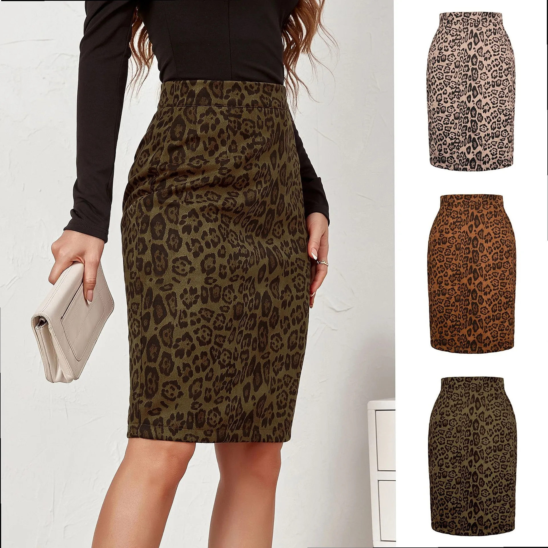 Leopard Print Suede Skirt High Waist Printed Midi Skirt Women Skirts Spring Summer