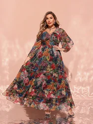 Toleen 2024 Nieuwe Lente Zomer Casual Elegante Formele Partij Maxi Jurken Plus Size Vrouwen Gebreide Bloemenprint V-Hals Lantaarn Mouw Jurk