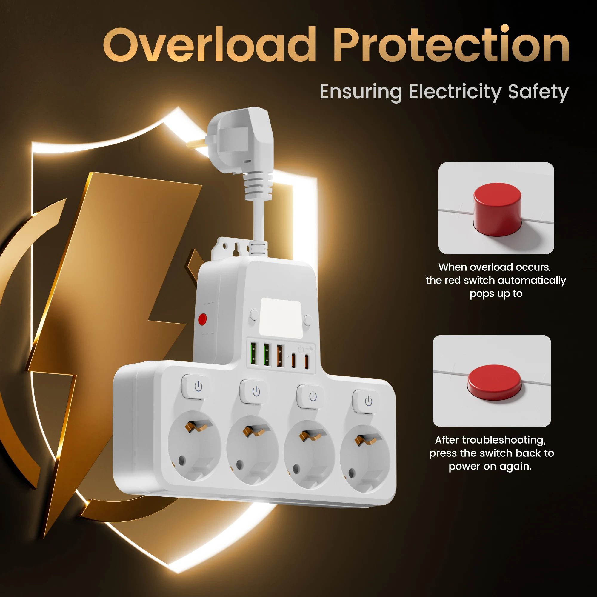 Toma de corriente con interruptor independiente 10 en 1, enchufe estándar de la UE, toma de pared 3 USB 2 tipo C, control independiente de luces nocturnas