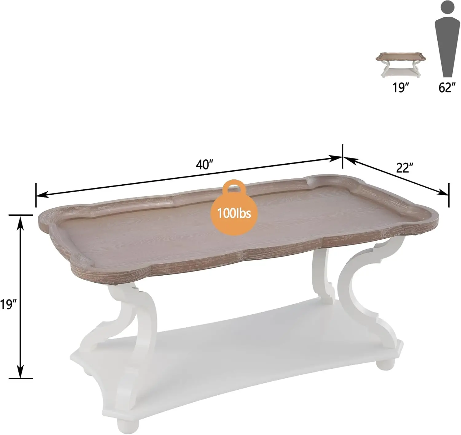 Function Home Farmhouse Coffee Table, Modern Cocktail Table With Storage Shelf, Sofa Table With Natural Tray Top And Carved